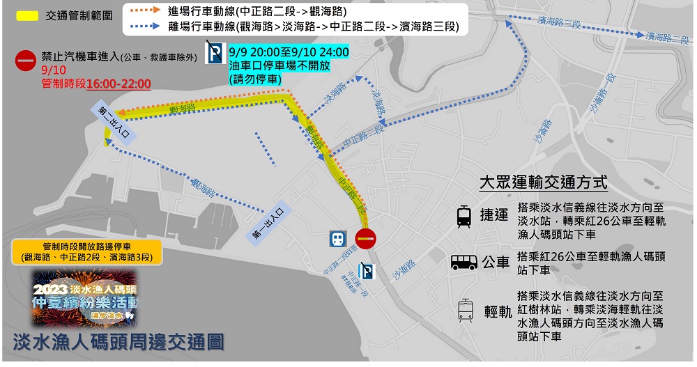 圖7 2023淡水漁人碼頭仲夏繽紛樂活動煙火秀管制期間(1600 2200)周邊交通圖