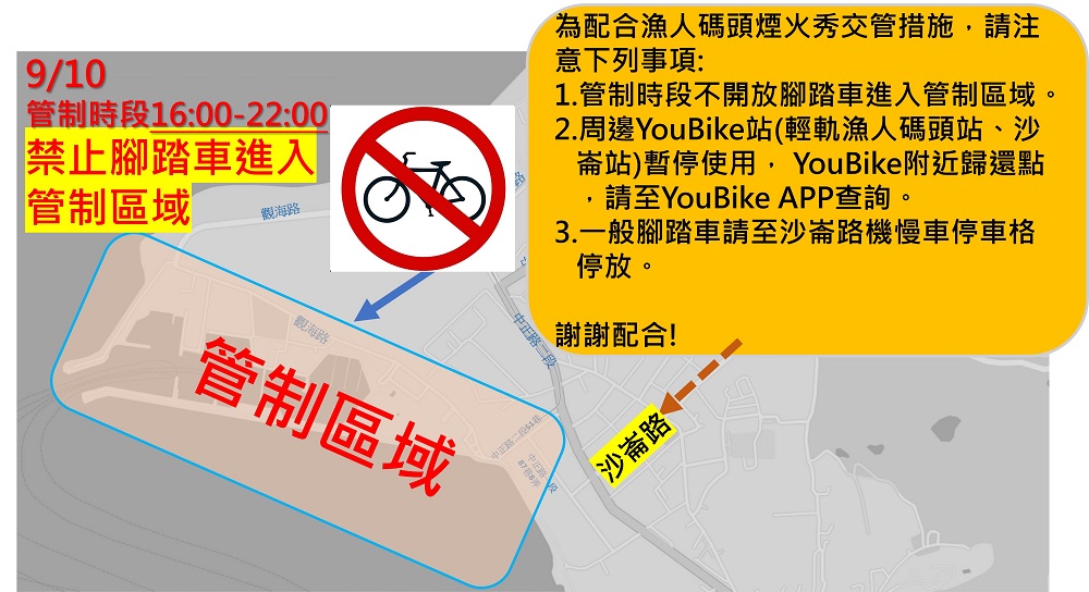 圖8 腳踏車禁止進入管制區域(含牽行)，周邊youbike站暫停借還車
