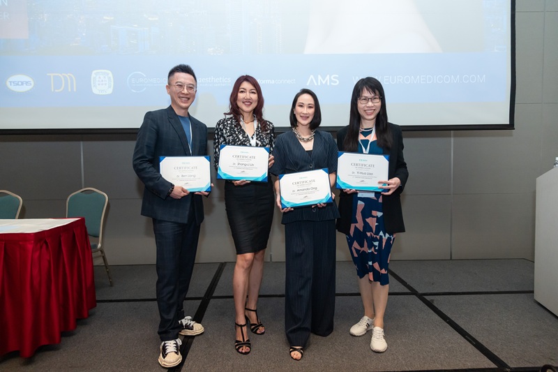 圖：梁仲斌醫師（左一）、可若夫生技董事長馬淑娟（左二）、dr. Amanda Ong（左三）、廖怡華醫師（左一）。