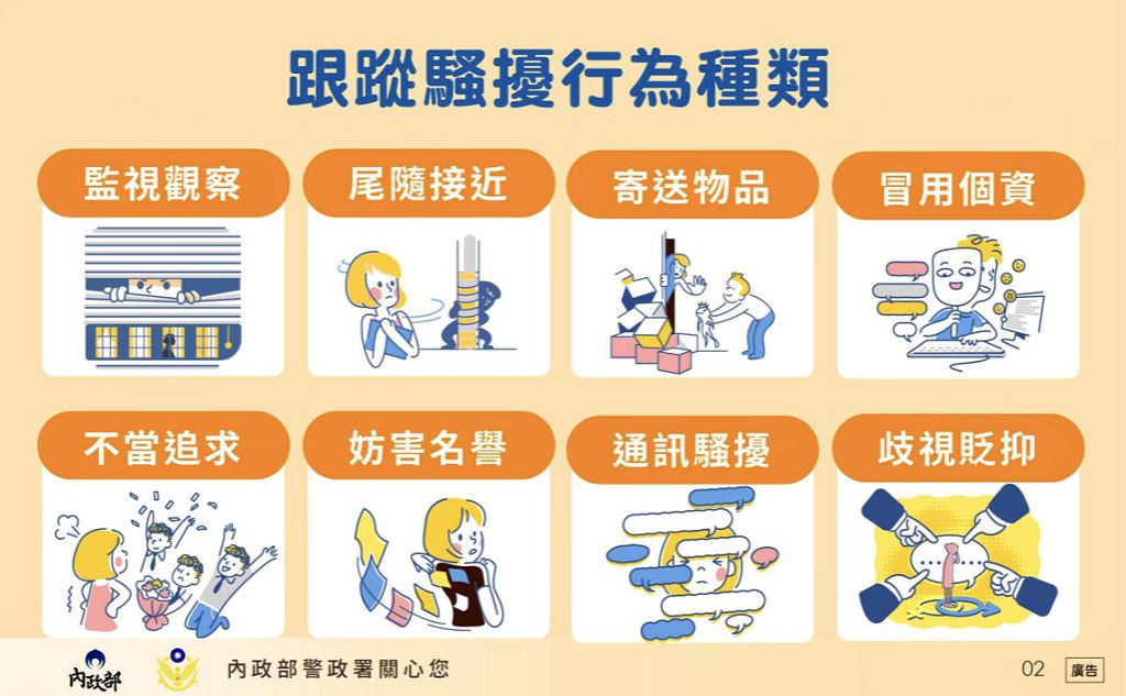 照片3 臺北市保大員警宣導民眾認知八大類跟騷行為，包括：監視觀察、尾隨接近、寄送物品、冒用個資、不當追求、妨害名譽、通訊騷擾、歧視貶抑。