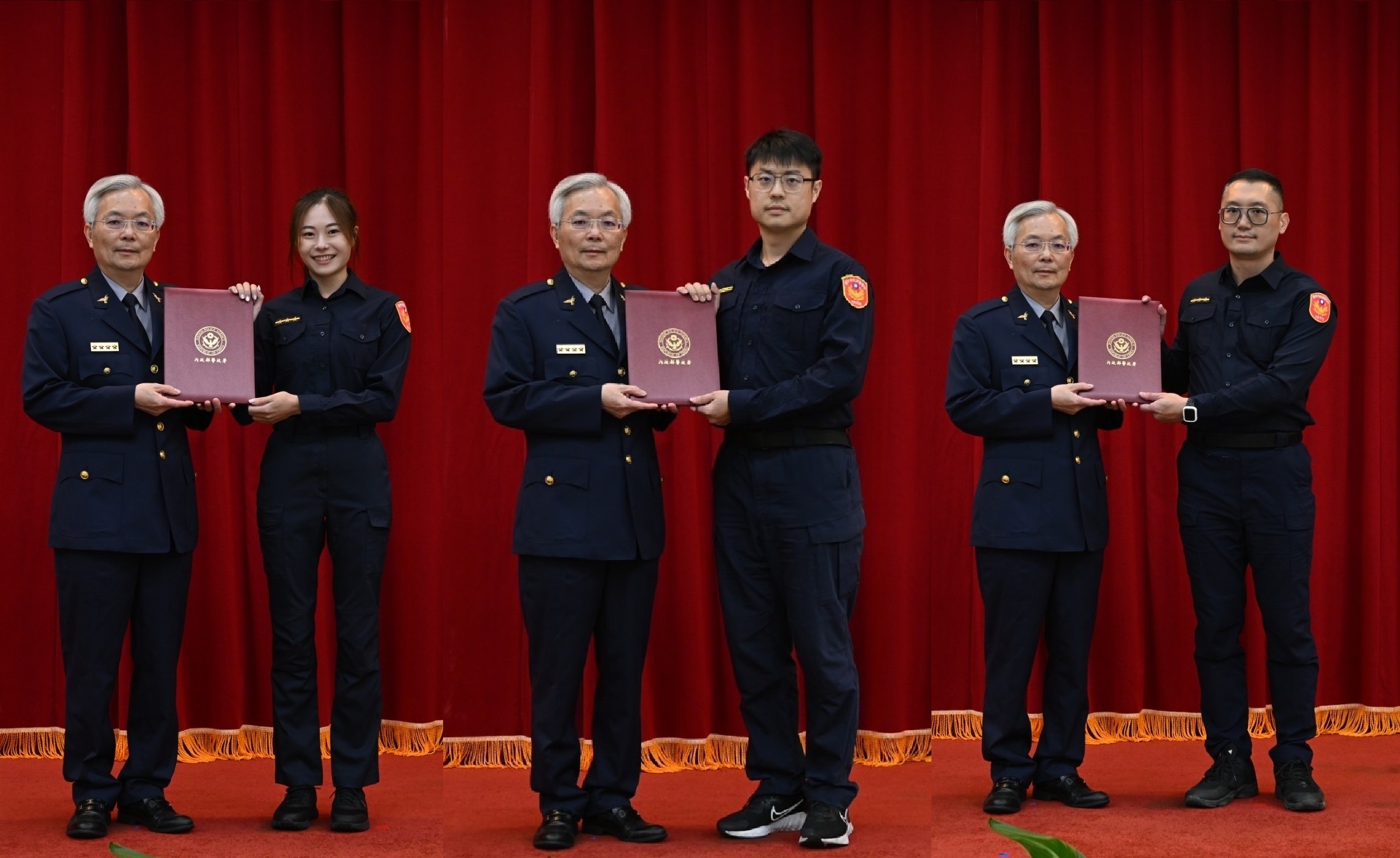 警務員左佳玄(正中)、警員林政翰(右)及張又孋(左)榮獲張榮興署長親自頒贈獎狀及獎金。