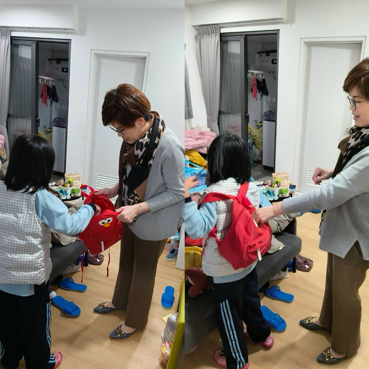 除了保暖衣物外，警員張雅雁還準備了可愛的elmo背包送給李小妹。